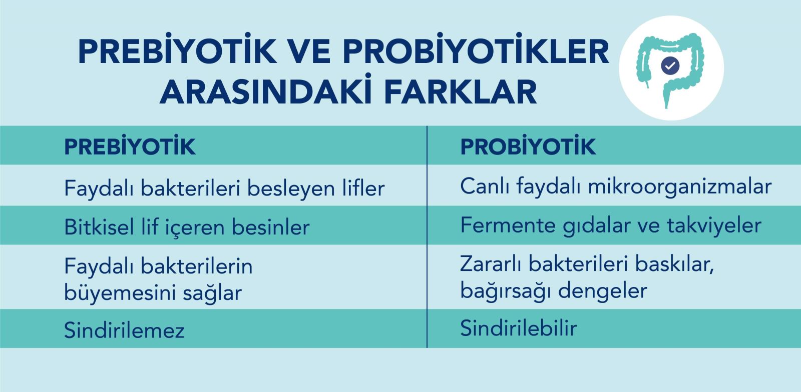 Prebiyotikler, probiyotiklerin besin kaynağı olan liflerdir, probiyotikler ise bağırsak sağlığını destekleyen canlı mikroorganizmalardır.